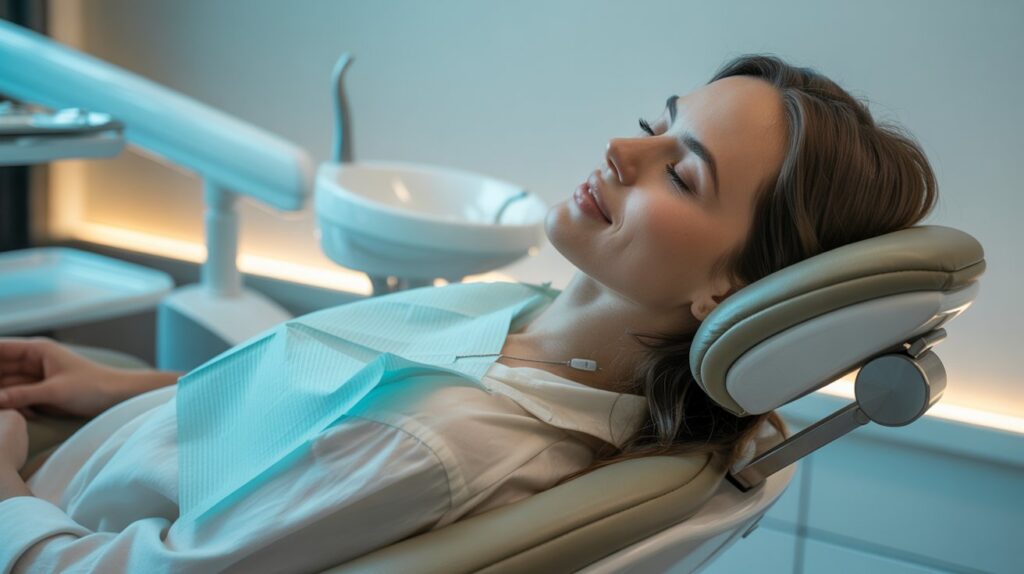woman sitting in dental chair  that is peaceful and tranquil