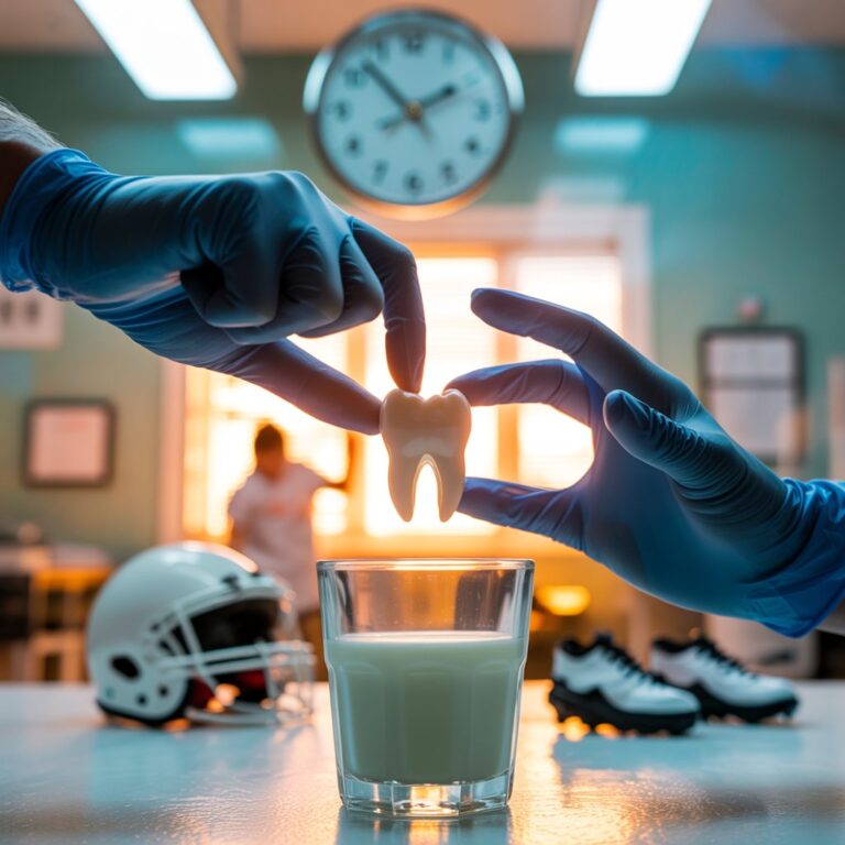 Gloved hands holding a model tooth over a glass of milk