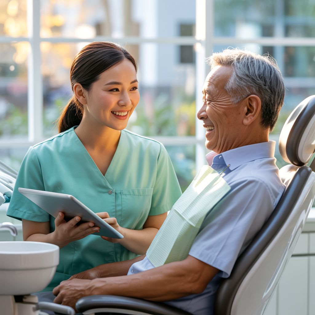 a Chinese senior having a dental treatment in a dental clinic
