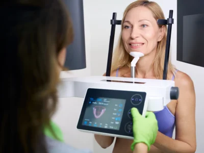 Adult woman receiving CBCT scan in dentistry clinic