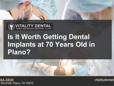 Dental team placing a dental implant, with the title Is It Worth Getting Dental Implants at 70 Years Old in Plano